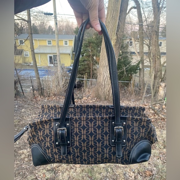 FOSSIL Y2k Barrel Bag Signature Canvas Leather Monogram Print Baguette Vintage - Picture 1 of 11